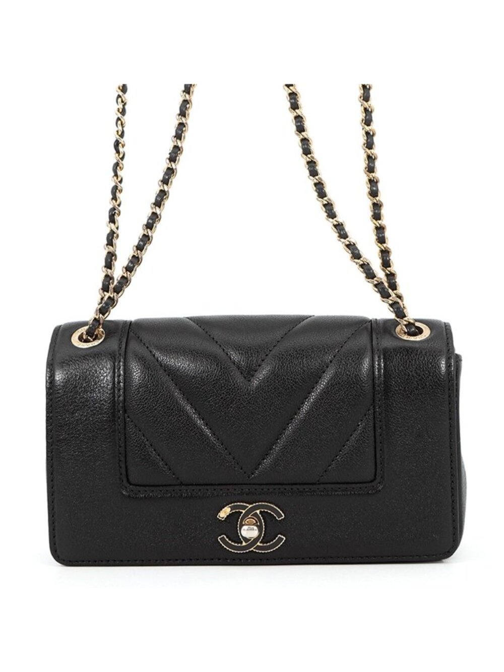 Chanel Chain Shoulder Bag Mademoiselle Stitch Double Flap Leather 2-Way Black